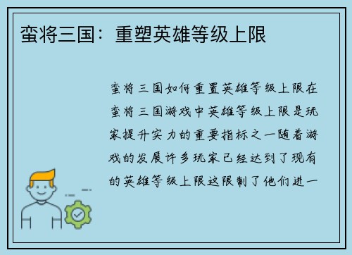 蛮将三国：重塑英雄等级上限